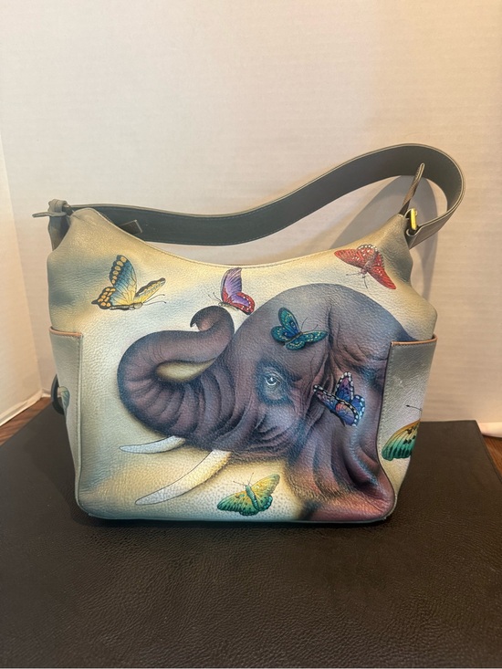 Anuschka Hand-Painted Elephant & Butterflies Leather Shoulder Bag in Multicolor